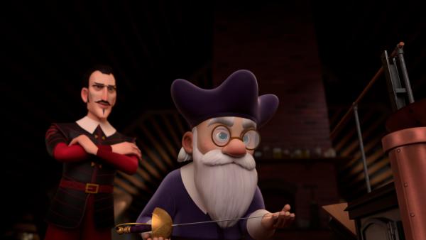 Bild 1 von 2: Der Alchemist Samuel de Plaindert (r.) glaubt, dass Porthos Degen magische Kräfte hat und einfaches Metall in Gold verwandeln kann. Das gefällt Richelieu (l.) natürlich.