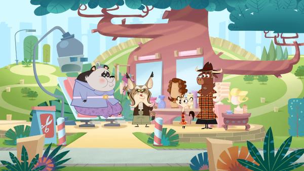 Bild 1 von 7: Sherlock Yack und Hermione treffen den Rotluchs im Friseursalon, wo er Frau Panda bedient.
