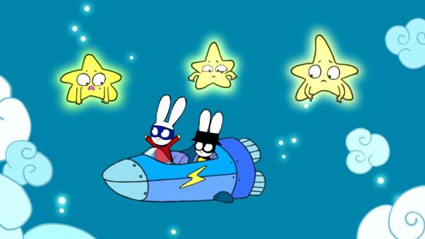 Bild 1 von 3: Im Himmel erfahren Superhase (l.) und Captain Hase (r.) von den aufgeregten Sternen, dass ein Schurke den Mond gestohlen hat.