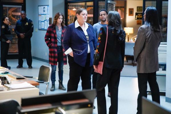 Bild 1 von 8: Im Bild (v.li.): Cobie Smulders (Dex Parios), Camryn Manheim (Lieutenant Cosgrove), Michael Ealy (Detective Miles Hoffman), Tantoo Cardinal (Sue Lynn Blackbird), Gregory Zaragoza (Hollis Green).