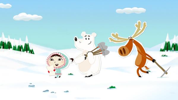 Bild 1 von 1: Inui, Grumpel und Hubert (v.l.n.r.) haben eine Karte mit einer eigenartigen Zeichnung gefunden. Sie glauben, dass darauf der Fundort eines Piratenschatzes eingezeichnet ist. Und so ziehen sie mit Spaten und Hacke los zum Graben.