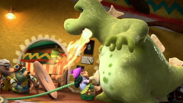 Bild 1 von 3: Die Chilisoße in Señora Marias Restaurant hat ein imposantes Eigenleben entwickelt. Große, grüne Monster sind daraus erwachsen, die nun Moley und die Restaurantgäste tyrannisieren.© ZDF/Two Daughters Entertainment Ltd 2022/ZDF Enterprises - Honorarfreie Verwendung gemäß AGB im engen inhaltlichen redaktionellen Zusammenhang mit genannter Sendung bei Nennung \