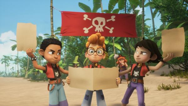 Bild 1 von 3: Finn, Alexander und Zoe wollen bei der Piratenolympiade als Team um den Sieg kämpfen.