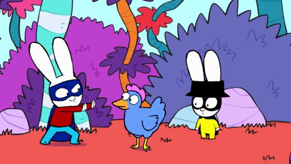 Bild 1 von 2: Mit allen Tricks versuchen Superhase (l.) und Captain Hase (r.) die entlaufene Henne (M.) wieder zurück zum Stall zu lenken.