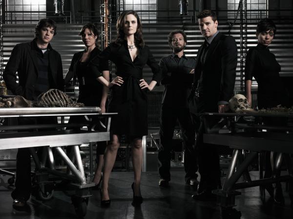 Bild 1 von 13: (v.l.n.r.) Dr. Addy (Eric Millegan); Angela Montenegro (Michaela Conlin); Dr. Brennan (Emily Deschanel); Dr. Hodgins (T.J. Thyne); Booth (David Boreanaz); Camille Saroyan (Tamara Taylor)