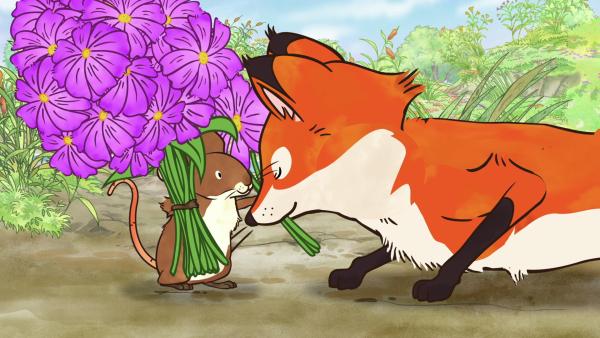 Bild 1 von 7: Auch der Fuchs bekommt einen Blumenstrauß.© KiKA/SLR Productions Australia Pty.Ltd./Scrawl Studios Pte Ltd./hr/ARD - Honorarfreie Verwendung gemäß AGB im redaktionellen Zusammenhang mit genannter Sendung bei Nennung \