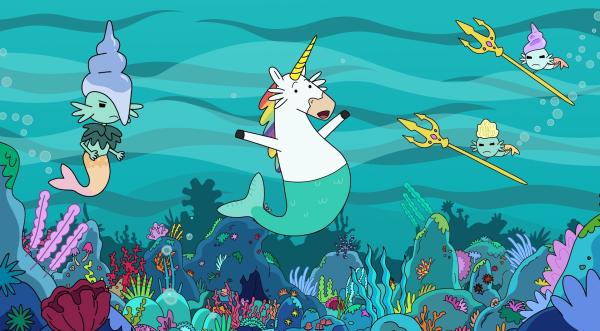 Bild 1 von 2: Die Helden absolvieren bei der Meerkönigin (links) und ihrem Volk ein Training unter Wasser. Blümchen (Mitte), die eine Hexe aus einer Muschel befreit hat, durfte sich etwas wünschen: Eine Schwanzflosse sollte es sein - nun ist sie ein Meerjuhorn.