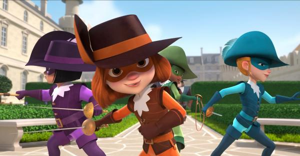 Bild 1 von 3: D'Artagnan (2. von links) schlägt sich im Kampf wie eine Löwin. Durch ihren Mut wird sie zum Musketier ernannt. Gemeinsam mit den anderen Musketieren (Athos, rechts), Aramis (2. von rechts) und Porthos (links) hält sie alle Gefahren vom König fern.