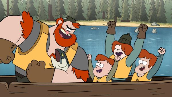 Bild 1 von 6: Gronkel Stan möchte mit Dipper und Mabel angeln gehen, die ziehen es aber vor, mit Soos auf Seemonsterjagd zu gehen. Also angelt Stan eben allein und sinnt über seine Einsamkeit nach.