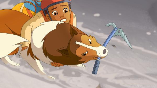 Bild 1 von 7: Harvey rutscht eine vereiste Felswand hinab. Lassie versucht ihn zu retten.