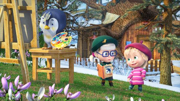 Bild 1 von 4: Mascha und Dascha mit einem ganz ungewöhnlichem Vogel: Einem malenden Pinguin!