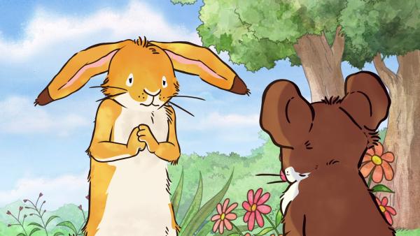 Bild 1 von 7: Der kleine braune Hase muss der kleinen Feldmaus sagen, was mit der wunderschönen Blume geschehen ist.© KiKA/SLR Productions Australia Pty.Ltd./Scrawl Studios Pte Ltd./hr/ARD - Honorarfreie Verwendung gemäß AGB im redaktionellen Zusammenhang mit genannter Sendung bei Nennung \