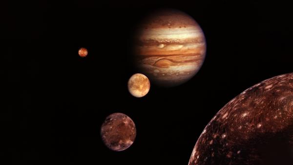 Bild 1 von 2: Die Galileischen Monde Io, Europa, Ganymed und Kallisto sind die vier größten der 79 bekannten Satelliten des Planeten Jupiter.