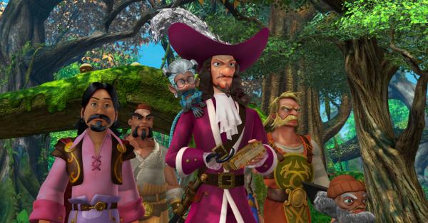 Bild 1 von 6: Johns freches Totemtier, das Marmoset-Äffchen, hat Johns Brille und das Große Buch geklaut und sich mit Captain Hook zusammengetan. Captain Hook will die Siebenmeilenstiefel finden, die in dem Buch beschrieben sind.