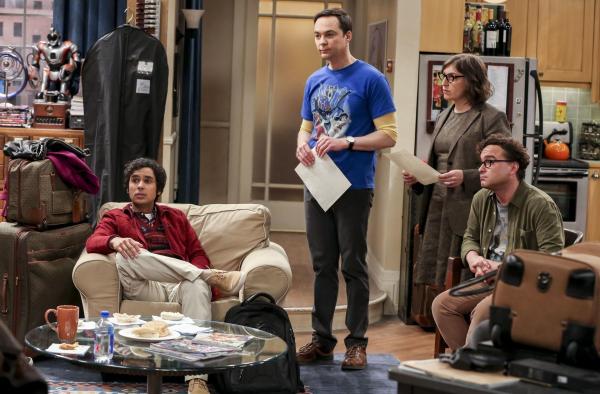 Bild 1 von 12: (v.l.n.r.) Rajesh Koothrappali (Kunal Nayyar); Sheldon Cooper (Jim Parsons); Amy Farrah Fowler (Mayim Bialik); Leonard Hofstadter (Johnny Galecki)