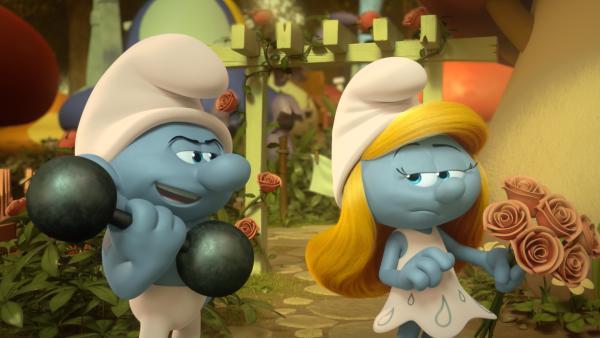 Bild 1 von 6: Hefty und Schlumpfine sind bei den Plümpfen das genaue Gegenteil ihrer sonst so freundlichen Selbst.© KiKA/Peyo Productions, Dupuis Édition & Audiovisuell 2020 - Honorarfreie Verwendung gemäß AGB im redaktionellen Zusammenhang mit genannter Sendung bei Nennung \