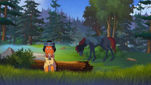 Bild 1 von 4: Regenbogen wartet auf Yakari, im Hintergrund ihr Pferd Großer Grauer© WDR/Ellipsanime Productions/Belvision/Les Cartooneurs Associés/2 Minute - Honorarfreie Verwendung gemäß AGB im redaktionellen Zusammenhang mit genannter Sendung bei Nennung \