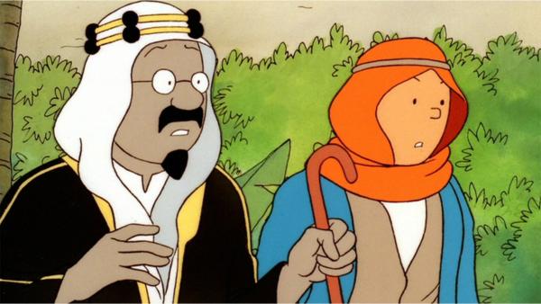 Bild 1 von 1: Tim (r.) und der Emir (l.) stellen erschrocken fest, dass der Sohn des Emirs, Abdallah, entführt wurde. Tim folgt daraufhin den Spuren.