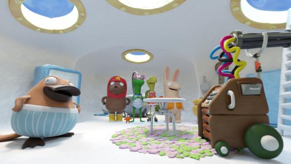 Bild 1 von 4: Renovieren: (v.l.n.r.) Nö-Nö, Tüftel, Karli Krebs, Undine, Marilu und Bio