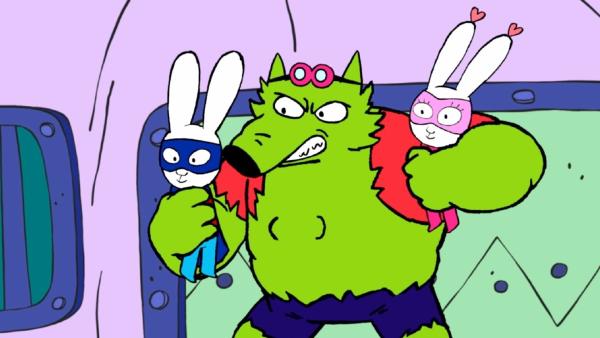 Bild 1 von 2: Der wütenden Professor Wolf (M.) hat Superhase (l.) und Super-Lou (r.) erwischt.