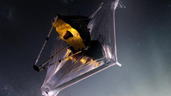 Bild 1 von 3: Ergänzung und Nachfolger des Hubble-Teleskops ist das James Webb Weltraumteleskop. Das Teleskop arbeitet vor allem mit hochempfindlichen Infrarotsensoren und kann auch sehr schwache Wärmestrahlung aufnehmen. Dafür verfügt es über den größten Spiegel, der je ins All befördert wurde.