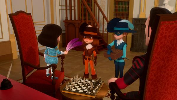 Bild 1 von 3: Der legendäre Federbusch, den König Louis (links) hier in Händen hält, macht unbesiegbar. Er vertraut ihn d'Artagnan (2. von links) an.© ZDF/2024 Method Animation/Palomar/ZDF Studios - Honorarfreie Verwendung gemäß AGB im redaktionellen Zusammenhang mit genannter Sendung bei Nennung \
