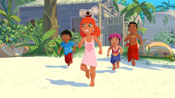 Bild 1 von 5: Marina (v.) freut sich, dass sie Besuch von ihren Freunden Kai (l.), Tevati (2.v.r.) und Onaku (r.) bekommt. Sie will ihnen all ihre Spielsachen zeigen.