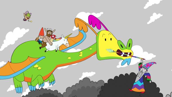 Bild 1 von 2: Balthasar, der Zauberer (r.), hatte einen Drachen (2.v.r.) gefügig gemacht, der alle Farben aus der Welt heraussaugt. Doch der verschlagene Magier hat die Rechnung ohne die fünf Helden - Twinkle (l.), Herbert (2.v.l.), Hufius (3.v.l.), Tupfen (M.) und Blümchen (3.v.r.) - gemacht, die Balthasar mit der Hilfe des Drachen überwältigen.