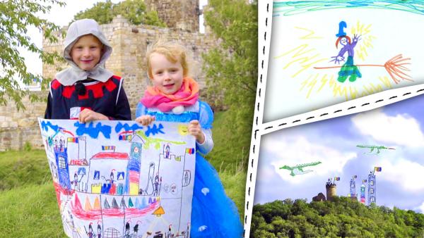 Bild 1 von 2: Lucas und Julia zeigen ihr Burgbild.