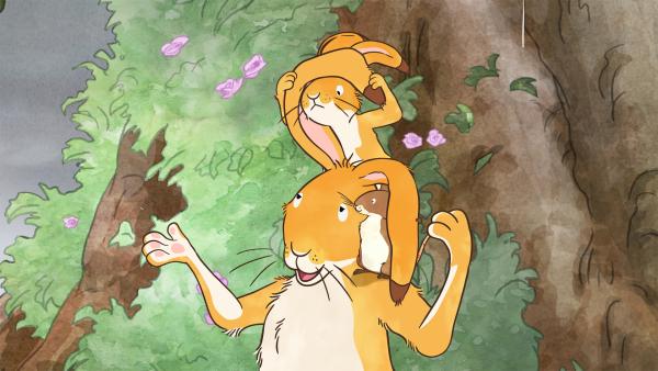 Bild 1 von 5: Der kleine Hase möchte dem großen Hasen unbedingt den wunderschönen Regenbogen zeigen, den er und die kleine Feldmaus gesehen haben.© KiKA/SLR Productions Australia Pty.Ltd./Scrawl Studios Pte Ltd./hr/ARD - Honorarfreie Verwendung gemäß AGB im redaktionellen Zusammenhang mit genannter Sendung bei Nennung \