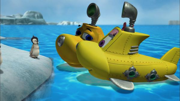 Bild 1 von 3: Auf dem Weg zur Küste der Antarktis treffen Timmy und Bess einen kleinen Pinguin.