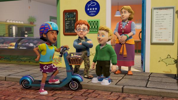 Bild 1 von 3: Mandy steht mit ihrem Tretroller bereit, um Essen auszuliefern.