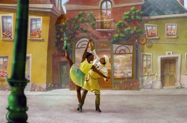 Bild 1 von 7: Auf dem Weg zur Arbeit tanzt Swan (Michaela DePrince) mit dem Bäcker (Irek Mukhamedov) des Städtchens.