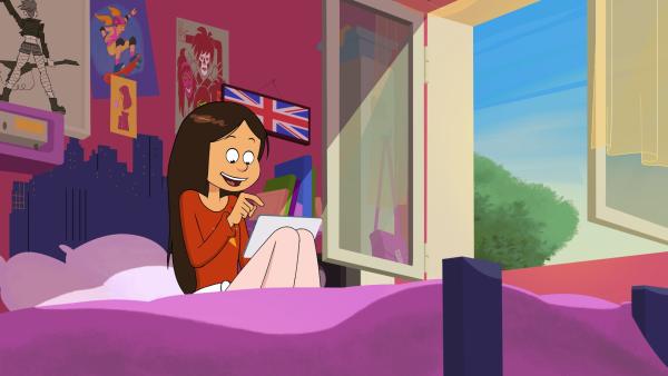 Bild 1 von 4: Wendy sitzt auf ihrem Bett mit dem Tablett und ist fasziniert von Marines Spiel.