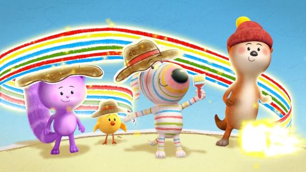 Bild 1 von 3: Daisy (links), Bitsy, Dylan und Ozzy (rechts) haben ihr heutiges Spiel als Dinosaurierexperten mit viel Spaß zu Ende gebracht. Nun verwandeln sie sich wieder zurück.© ZDF/2023 9 Story Media Group Inc. - Honorarfreie Verwendung im redaktionellen Zusammenhang mit genannter Sendung bei Nennung \