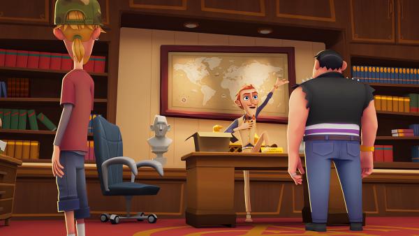 Bild 1 von 2: Als neuer Präsident des Adventure Clubs lebt sich Monty in seinem Büro ein und gibt Anweisungen an seine Kumpane.© KiKA/MACK Magic/Der Kinderkanal von ARD und ZDF, 2025- Honorarfreie Verwendung gemäß AGB im redaktionellen Zusammenhang mit genannter Sendung bei Nennung \