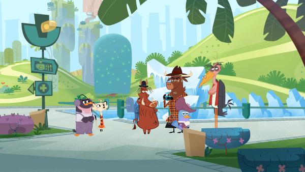 Bild 1 von 7: Sherlock Yack und Hermione haben die Verdächtigen um sich versammelt. Wer hat Frau Pinguin gefrostet: Warzenschwein, Paradiesvogel oder der Marabu?