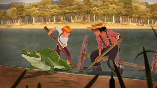 Bild 1 von 1: Tom und Huck wollen Ali, dem verletzten Alligator helfen.