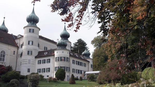 Bild 1 von 5: Im Bild: Die bemerkenswerten Zwiebeltürme des Schloss Artstetten aus dem umfangreichen Schlosspark betrachtet.