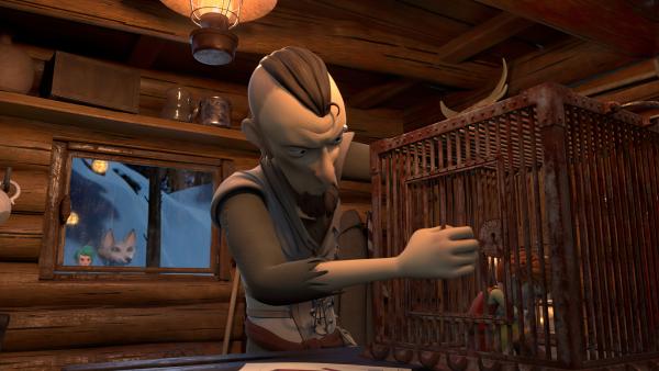 Bild 1 von 3: Der fiese Jäger (Mitte) hält den armen Yuki (rechts) in einem Käfig gefangen und will mit ihm eine große Belohnung einstreichen. Glyn (links) und Füchsin Frida (2. von links) müssen kooperieren, um den kleinen Frondosianer zu retten.