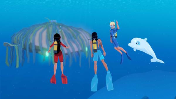Bild 1 von 3: Timeti, Auru, Yann und Zoom haben unter Wasser ein merkwürdiges Ding entdeckt. Ein Phantom unter Wasser?
