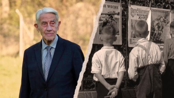 Bild 1 von 1: Aus dem Blickwinkel von neun Zeitzeugen wird die NS-Zeit zwischen 1933 und 1945 intensiv beleuchtet. Erschütterndes Archivmaterial und unter die Haut gehende Aussagen von Holocaust-Überlebenden und auch von Zeugen aus der Mitläufer-Perspektive werden zu einem authentischen Bericht über das Unbegreifliche verwoben. Im Bild: Zeitzeuge Elly Gotz (links) und Bild von Kindern aus dem Jahr 1940 (rechts), die vor antisemitischen Propagandaschriften stehen.