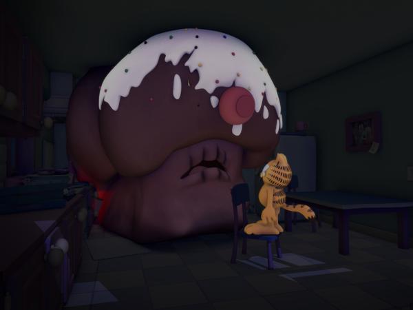 Bild 1 von 2: Jon backt für Odie einen Geburtstagskuchen. Heraus kommt ein Monsterkuchen, der Jon, Odie und Garfield verfolgt.