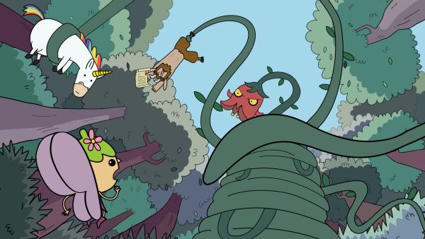 Bild 1 von 2: Die vier Helden gehen ohne Herbert auf Mission. Sie sollen sich um eine Rankenpflanze (r.), die im Wald ihr Unwesen treibt, kümmern. Schnell hat sie Blümchen (r.), Twinkle (2.v.r.) und Hufius 3.v.r.) eingewickelt.