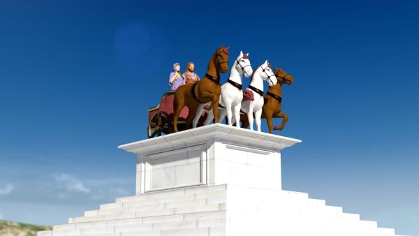 Bild 1 von 4: Auf dem Dach des Grabmals stehen die Statuen des Königs Mausolos und seiner Gemahlin. Sie stehen in einem von einer Quadriga gezogenen Wagen. (Computeranimation)