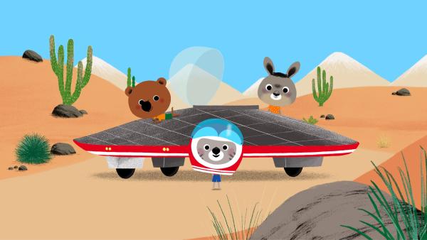 Bild 1 von 4: Auf ihrer gemeinsamen Suche nach Meteoritensteinen begegnen Mouk, Chavapa und Pepino einem vermeintlichen Außerirdischen.