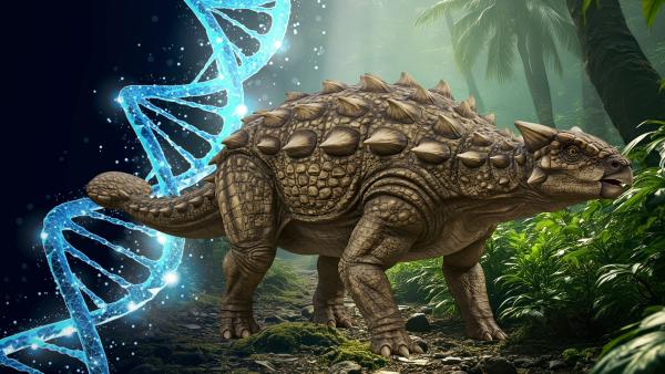 Bild 1 von 5: Der Ankylosaurus - ein gepanzerter Pflanzenfresser mit beeindruckender Schwanzwaffe. Ein nahezu vollständig erhaltenes Fossil aus Südchile wirft neue Fragen zur Evolution gepanzerter Dinosaurier auf.