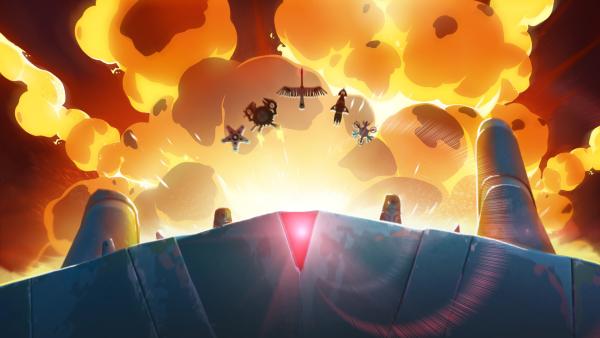 Bild 1 von 3: Die Teams arbeiten zusammen, um gegen Gavinda und ihre Titan-Krabbe zu kämpfen: (V.l.) Drohne der Starfish, Drohne der Pirates, Drohne der Tao twins, Drohne der Sirens und Drohne der Bees