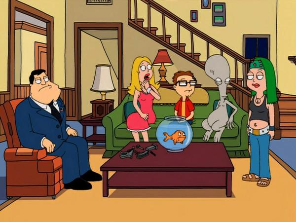 Bild 1 von 4: (im Uhrzeigersinn) Stan Smith; Francine Smith; Steve Smith; Roger; Hayley Smith; Klaus