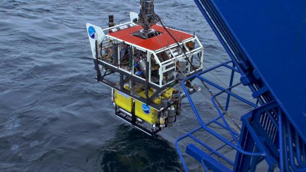 Bild 1 von 9: Ein Träger bringt das gelbe ROV ins Challenger-Tief. In 7000 Meter Tiefe gibt er das ROV frei. Nur über ein dünnes Kabel mit dem Träger verbunden, soll das ROV in etwa 11 Kilometer Tiefe agieren.